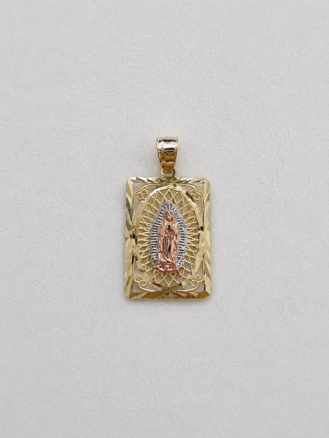 Three-Tone Virgin of Guadalupe Pendant – 14K Gold
